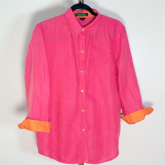 Lauren Ralph Lauren Hot Pink Linen Shirt w/ Embroidered Crest – Size L - Picture 1 of 5